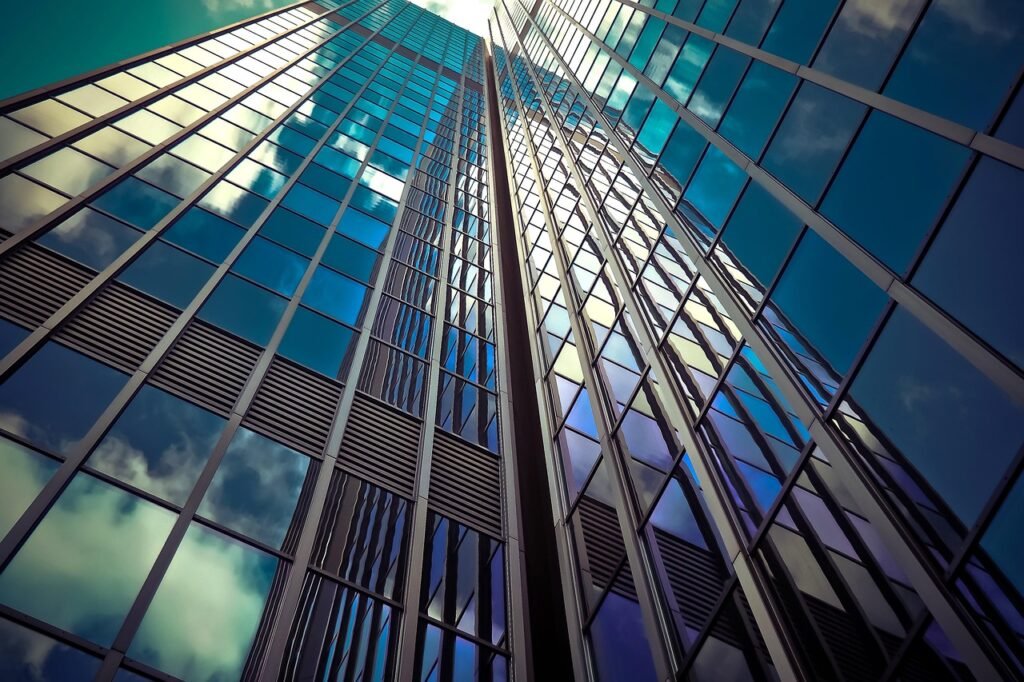 architecture, skyscraper, glass facades, modern, facade, sky, nature, building, düsseldorf, city, modern architecture, glass, modern building, glass front, windows, glass windows, reflection, exterior, perspective, office building, urban, high, downtown, low angle shot, structure, mirroring